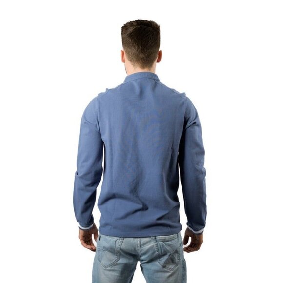 Mens Blue Long Sleeve Pullover With Button Neck & Striped Cuffs (Fits like a Med - Picture 3 of 4